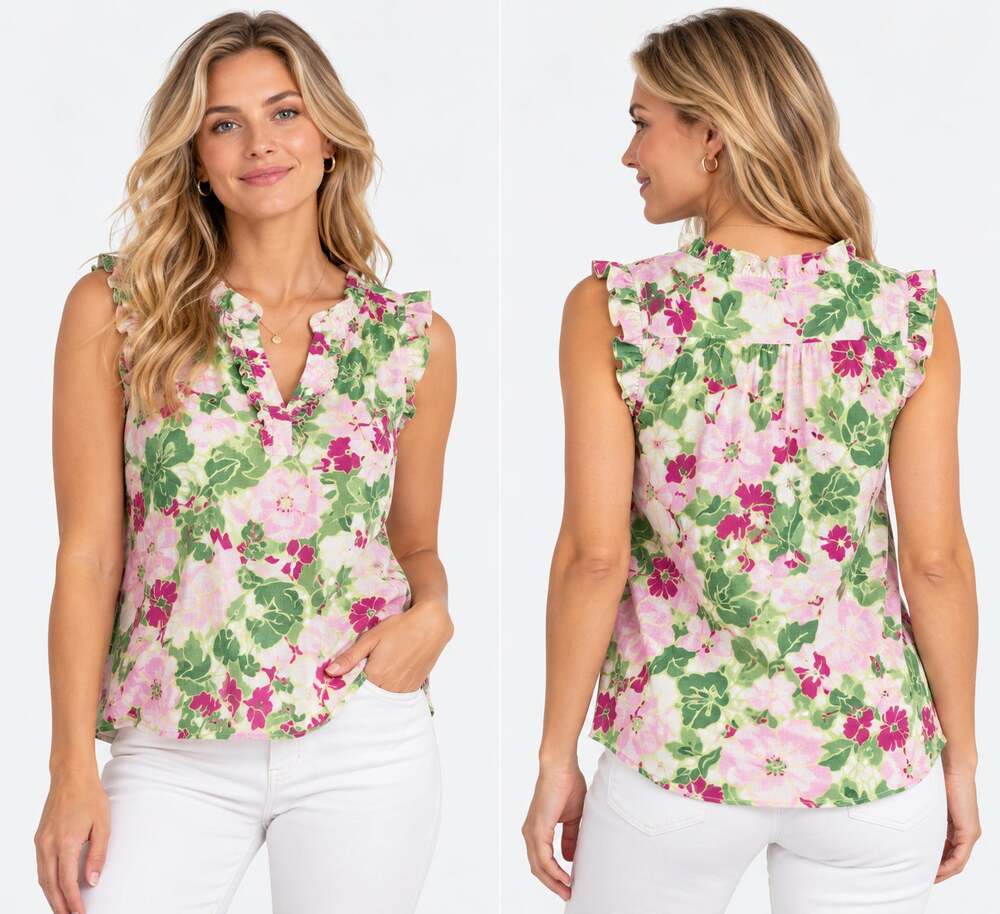 Talbots 6 Pink Green Floral Sleeveless Cotton Blouse Coastal Feminine Summer